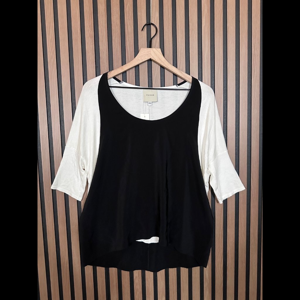New Mason Top Small Black White Layered Jersey Fabric Stretch 3/4 Sleeve Silk